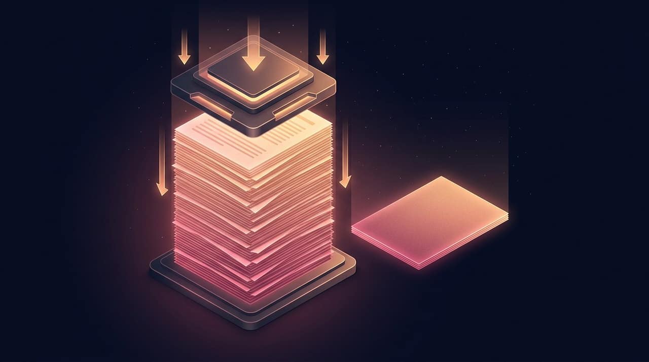 A thick stack of glowing pages compressed into one thin sheet