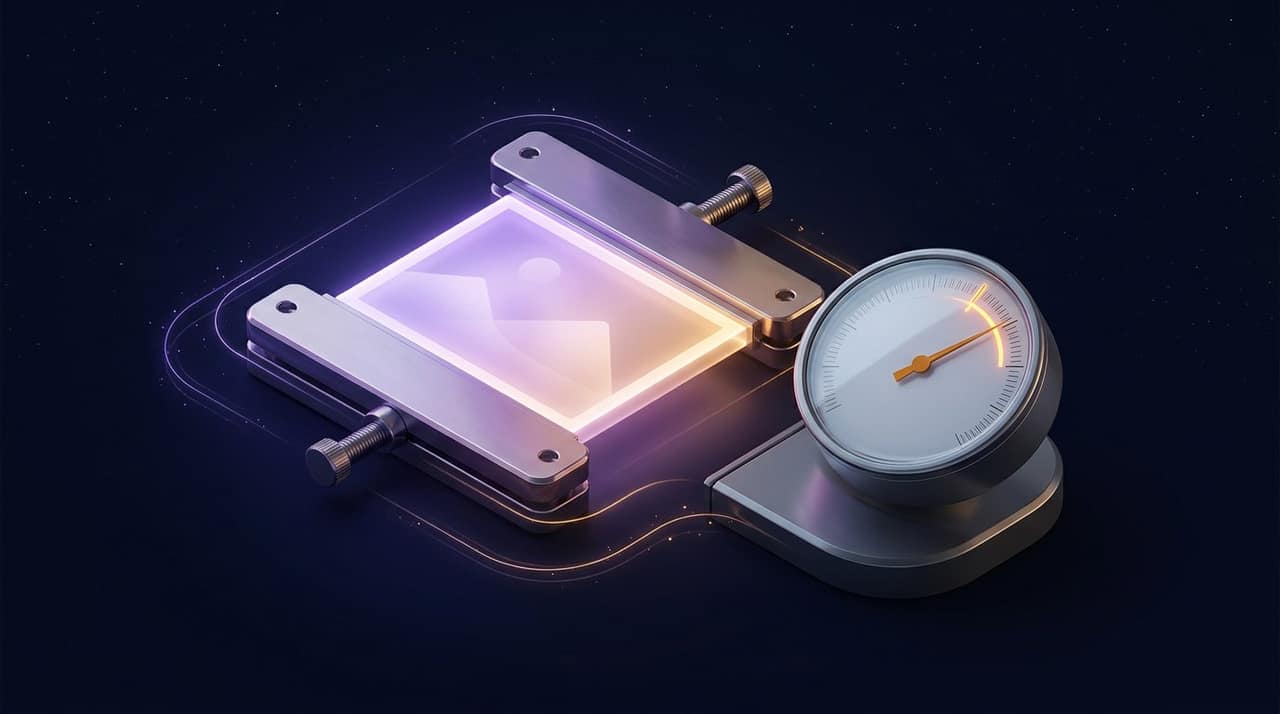 A glowing photo pressed between plates beside a precision gauge dial