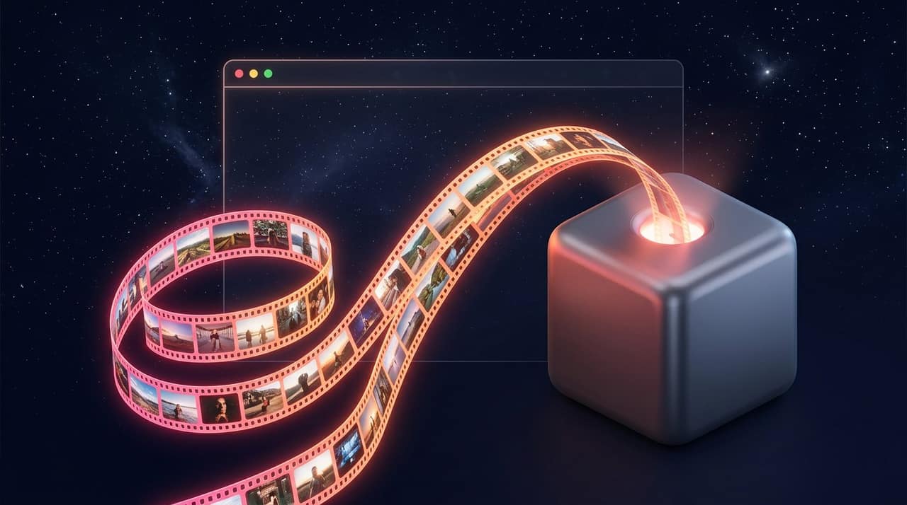 A glowing film strip drawn into a compact cube inside a browser outline