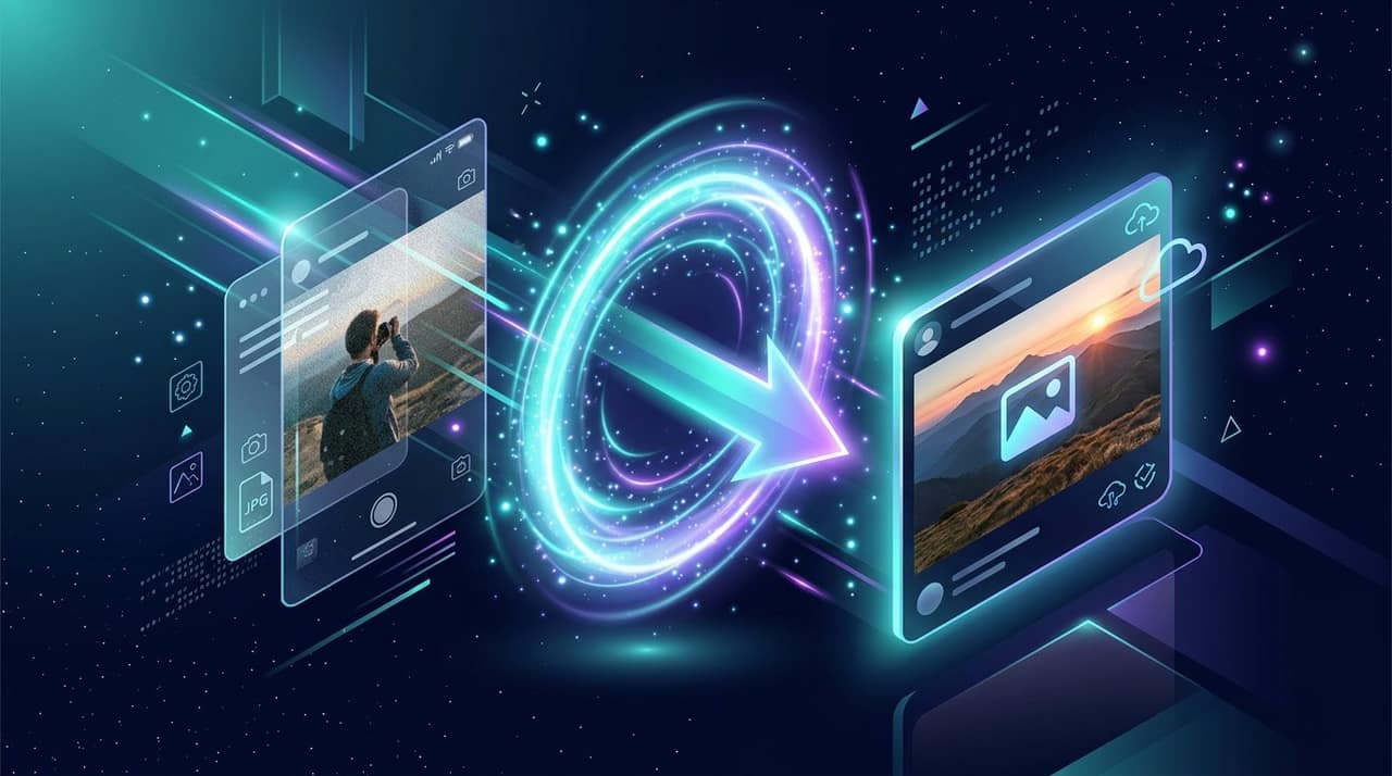 A phone photo passing through a glowing transformation portal into a compatible card