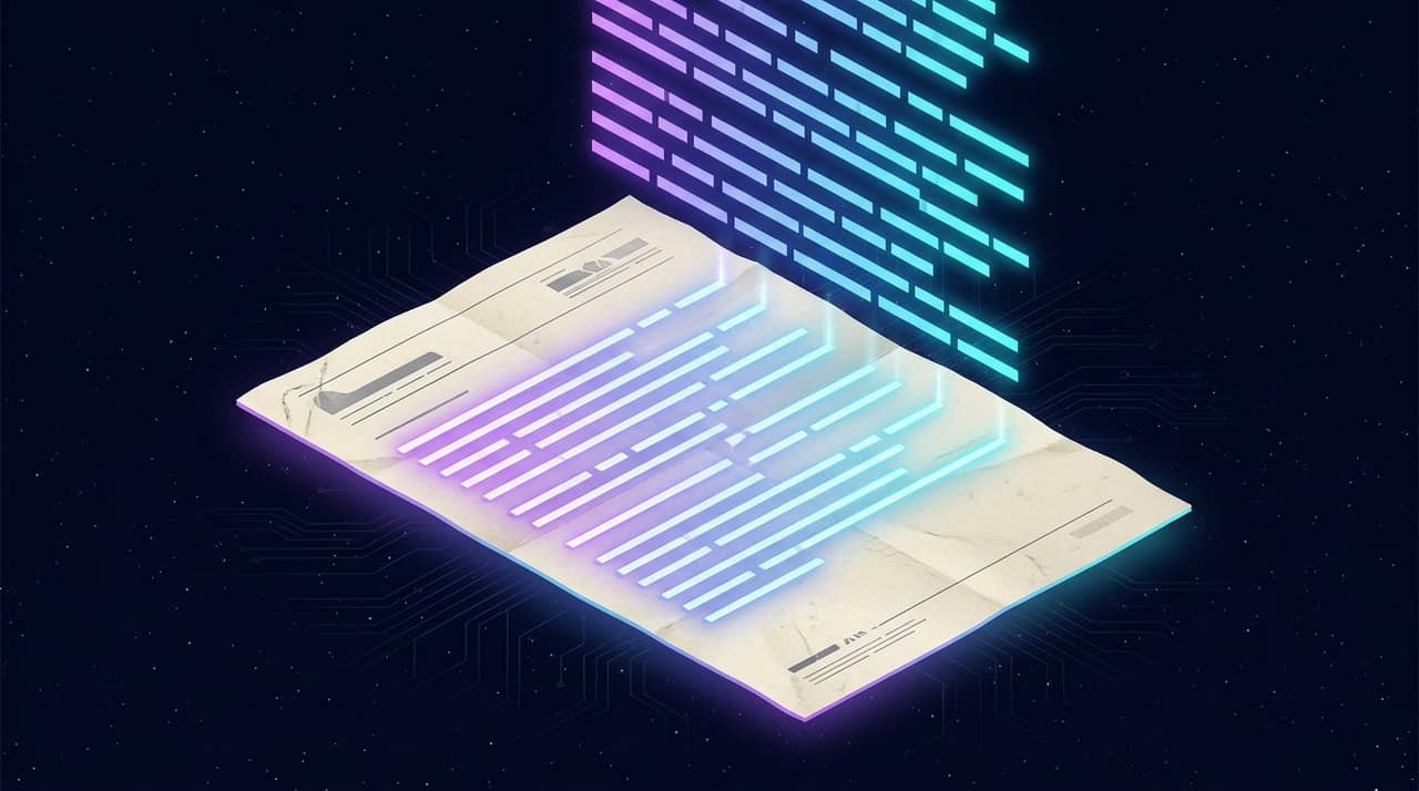 Glowing lines of abstract text lifting off a scanned page