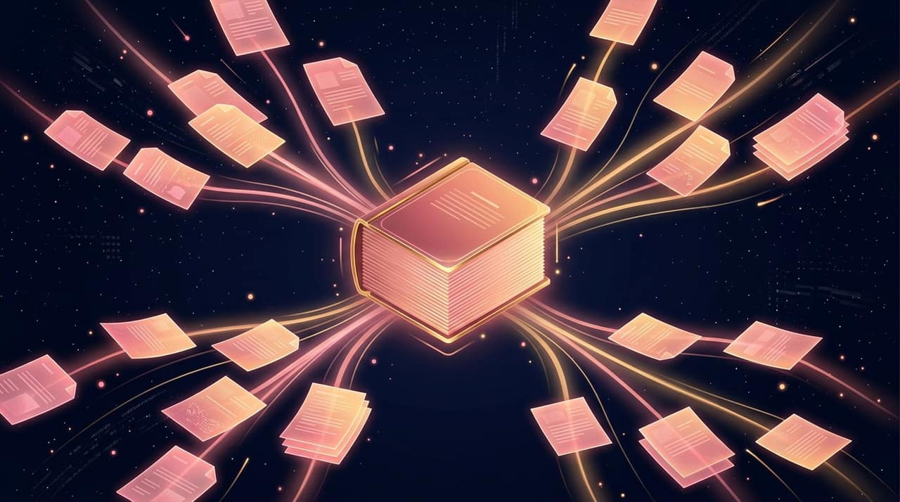 Glowing document sheets converging into a single bound stack