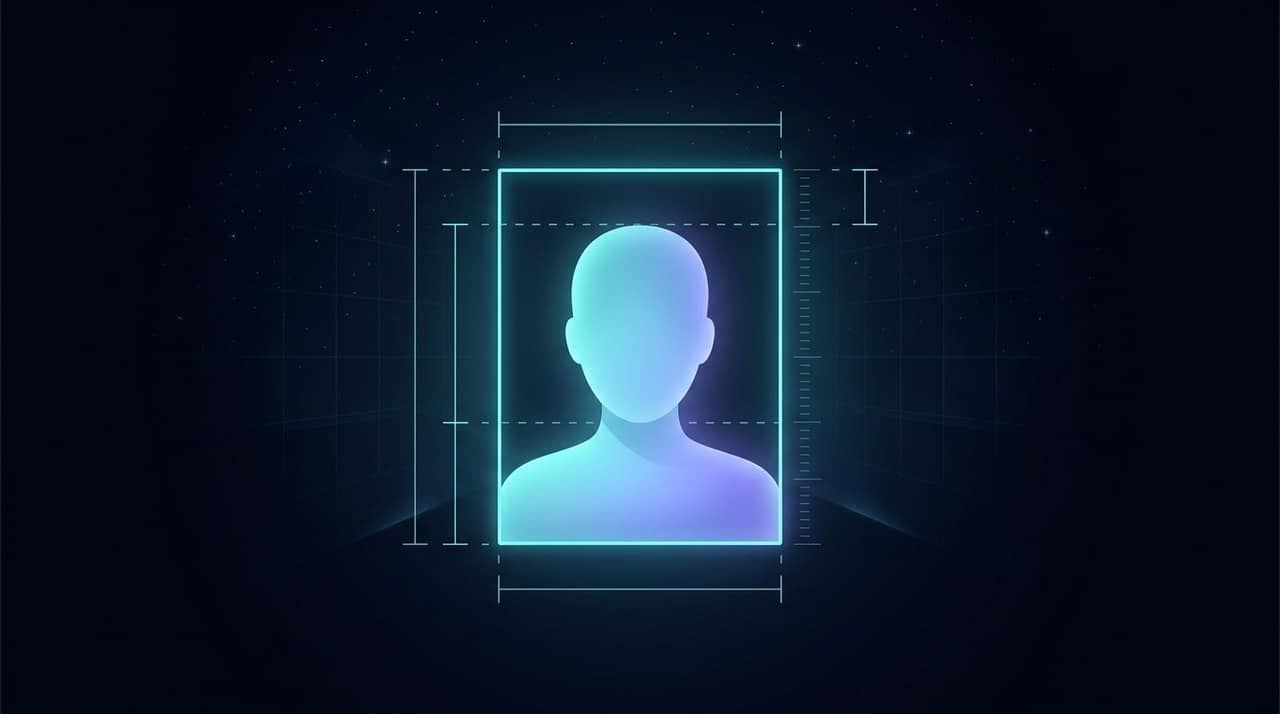 A luminous portrait frame around an abstract silhouette with dashed head-height and margin guides
