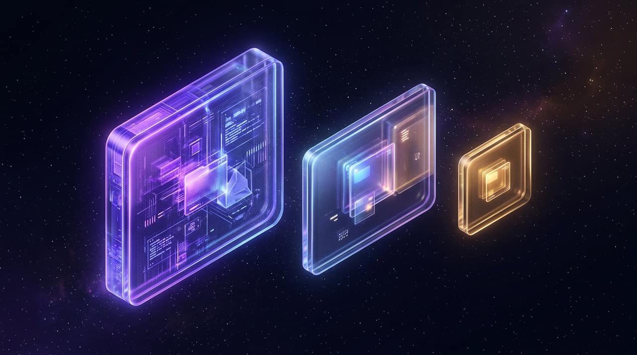 Three glowing translucent format cards of decreasing size against a starfield