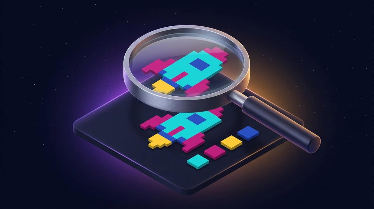 A magnifying glass over a coarse four-colour pixel grid